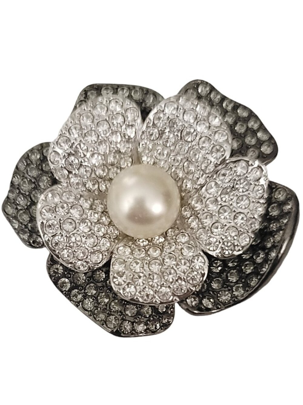 KJL Kenneth Jay Lane Silver Tone Faux Pearl Clear Rhinestone Flower Brooch Pin